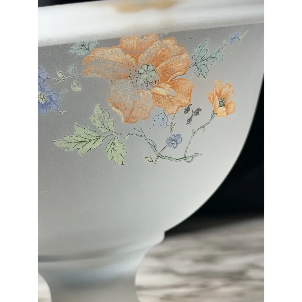 FROSTED SATIN GLASS PEDESTAL CANDY/CENTER BOWL‎ WITH HANDPAINTED FLOWERS (2797)
